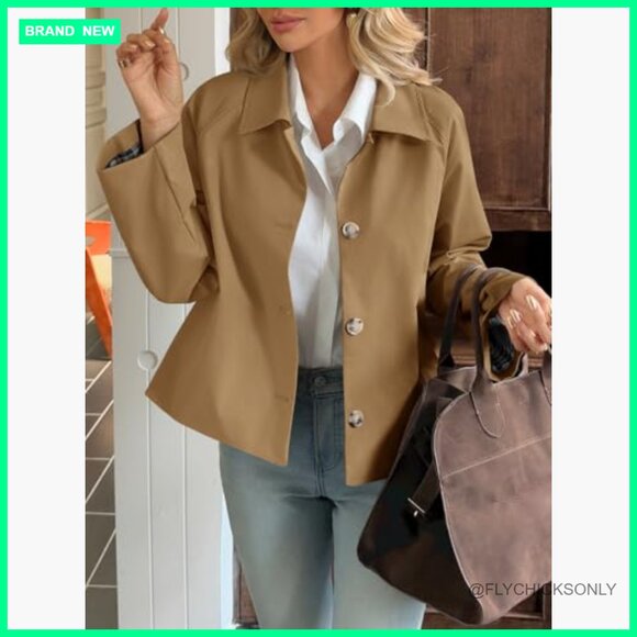 Cropped Trench Coat Lightweight Single Breasted Jacket Fall Outerwear - Picture 2 of 7